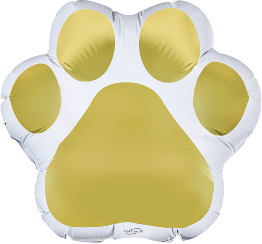 20" Oaktree Brand Paw Print White and Gold Foil Balloon Packaged
