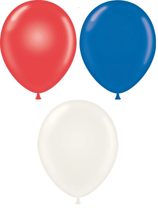 11" Crystal/Jewel Red, White & Scaphite Blue Tuftex Latex Balloons (100 Per Bag)