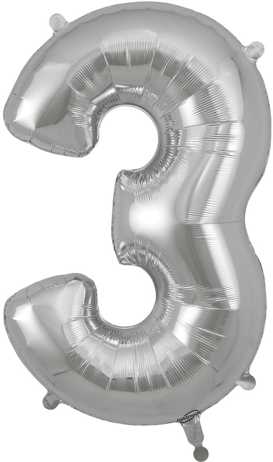 34" Number 3  Silver Oaktree  Foil Balloon