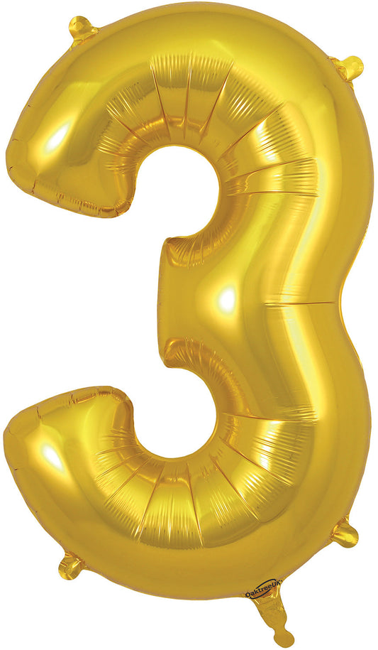 34" Number 3  Gold Oaktree  Foil Balloon