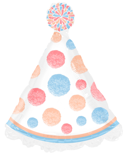 24"T Party Hat Pom Pom Pastel Dots