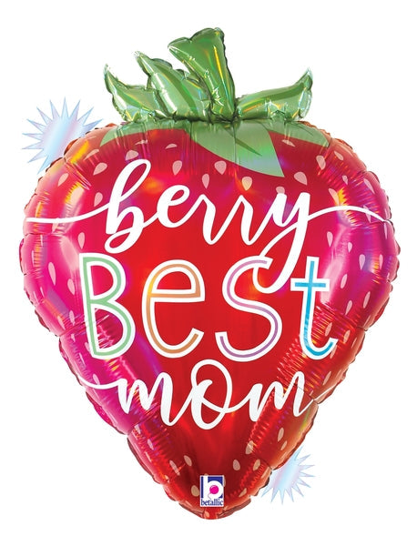 26" Foil Shape Holographic  Opal Best Mom Strawberry Foil Balloon